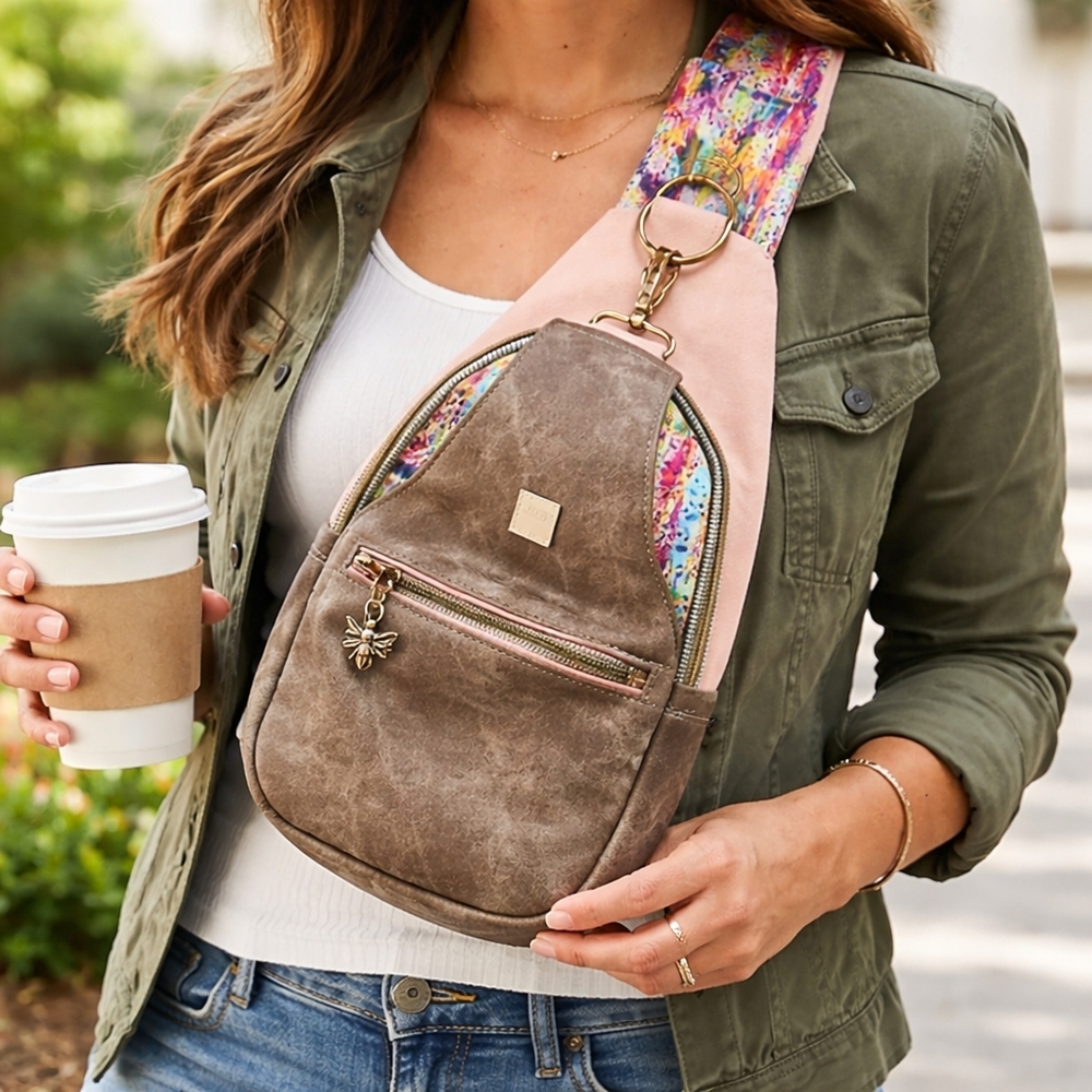 Stylish Pink and Brown handmade by JoJo crossbody bag - Picture 1 of 10